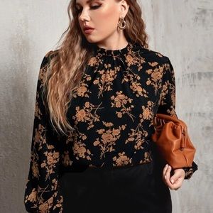 Work, Career, Dressy, Mustard Yellow and Black Floral Blouse with Keyhole Back